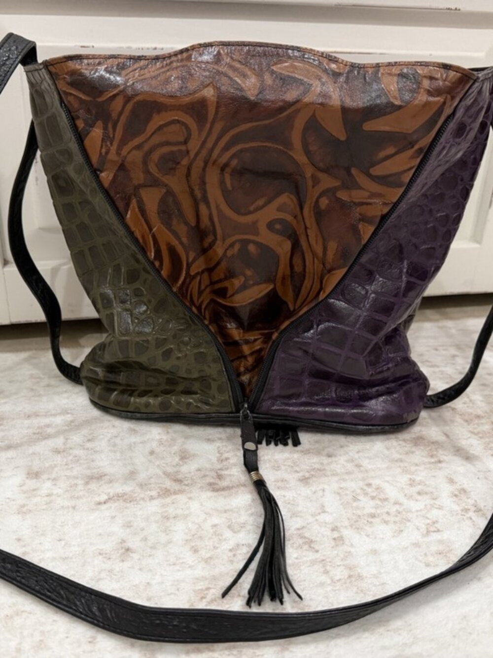 Vintage 80s Genuine Leather Colorblock Bucket Bag